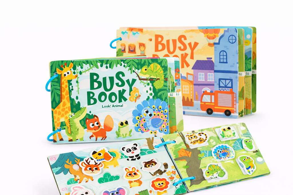 Set of colorful children's busy books with animal and city designs on a white background