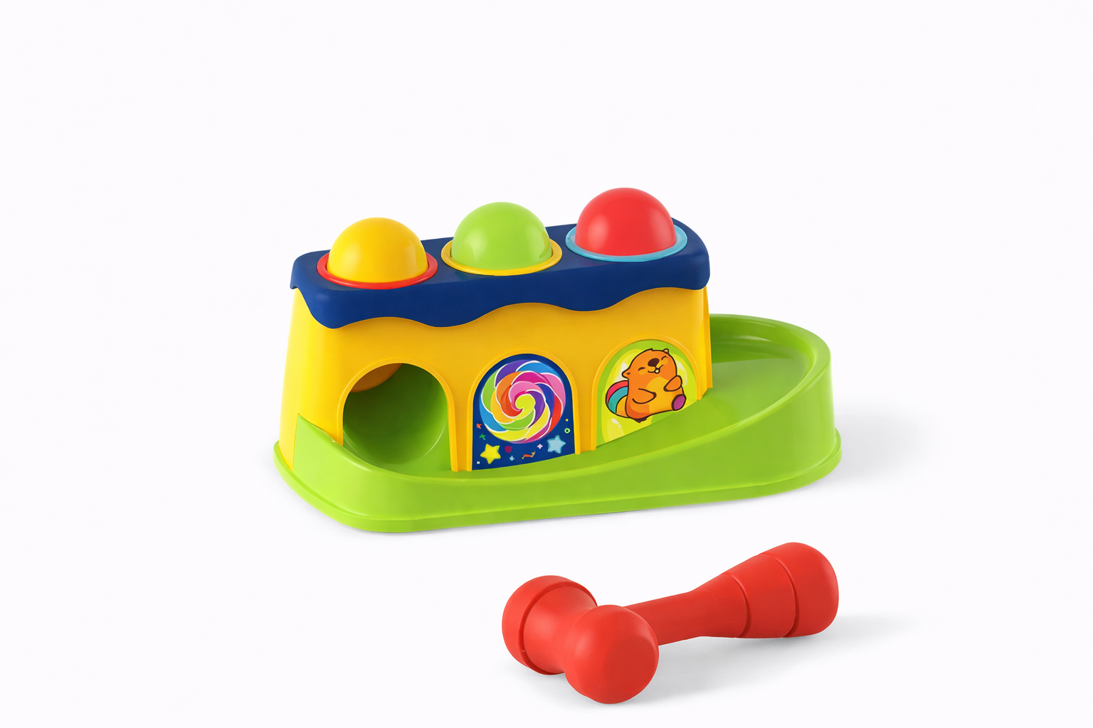 Colorful toy with various shapes and a red toy hammer on a white background