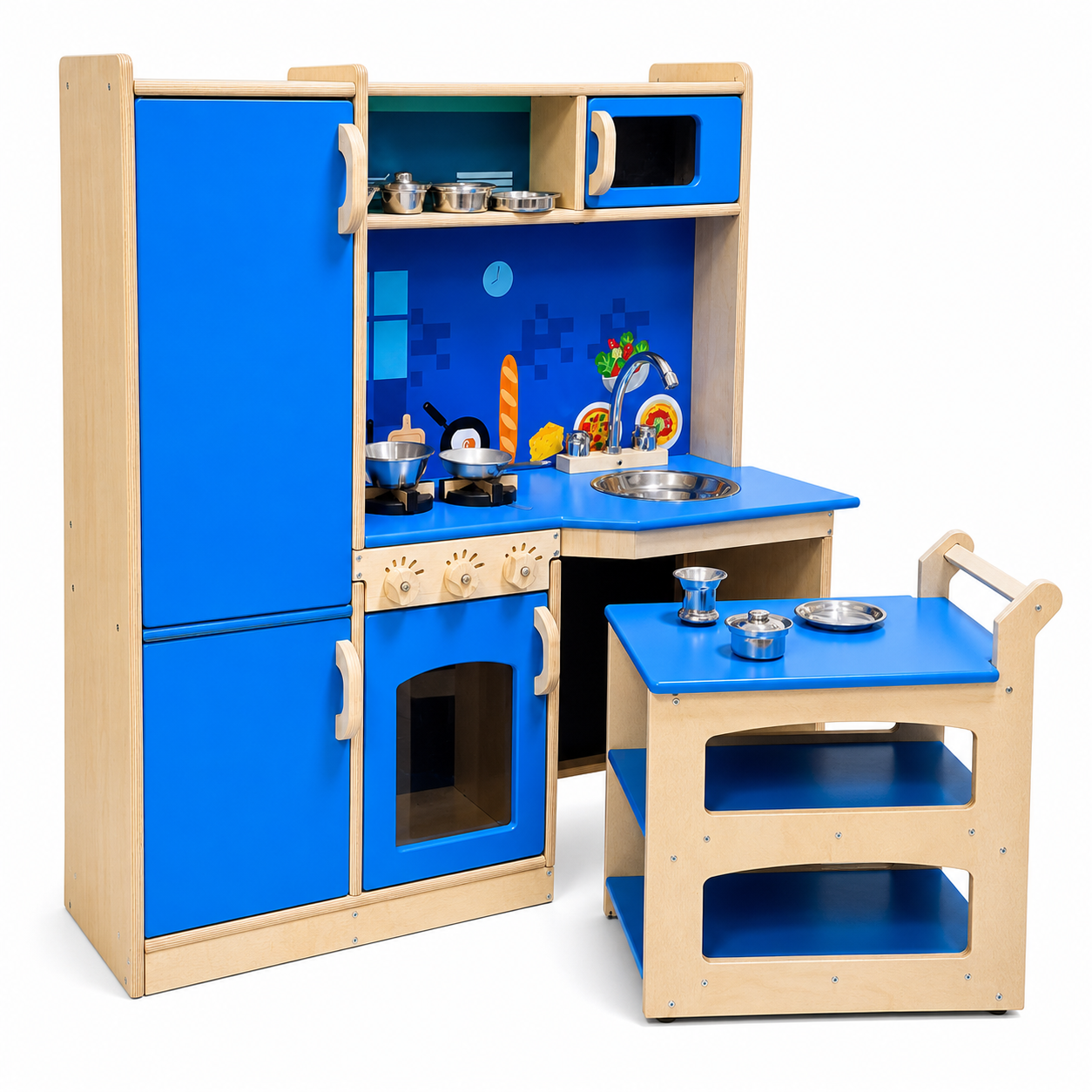 Children's play kitchen set with blue cabinets and wooden shelves on a white background