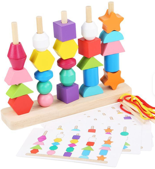 Matching Shape Stacker Montessori Wooden Beads Educational Toys for Toddlers