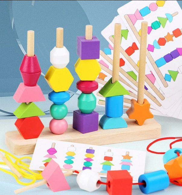 Matching Shape Stacker Montessori Wooden Beads Educational Toys for Toddlers