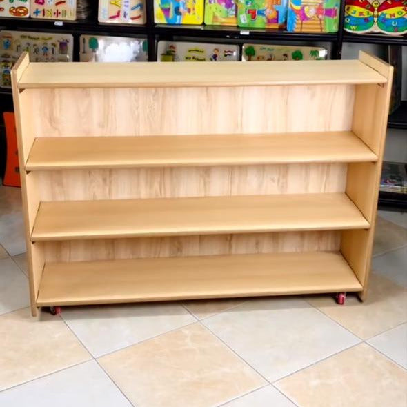 Wooden bookshelf in a store with children's books in the background
