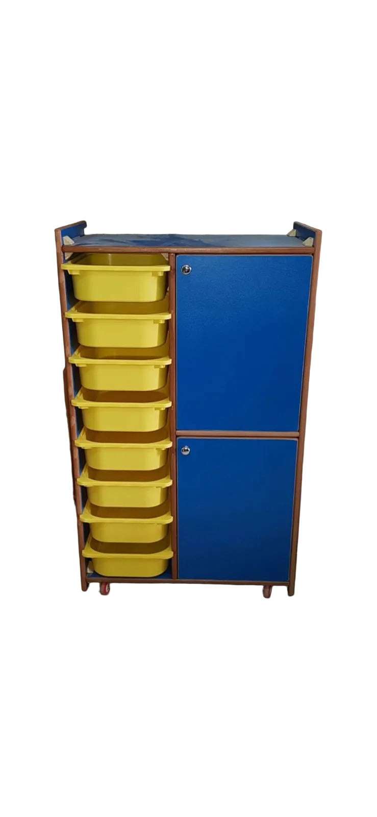 Blue storage cabinet with yellow drawers in a warehouse setting